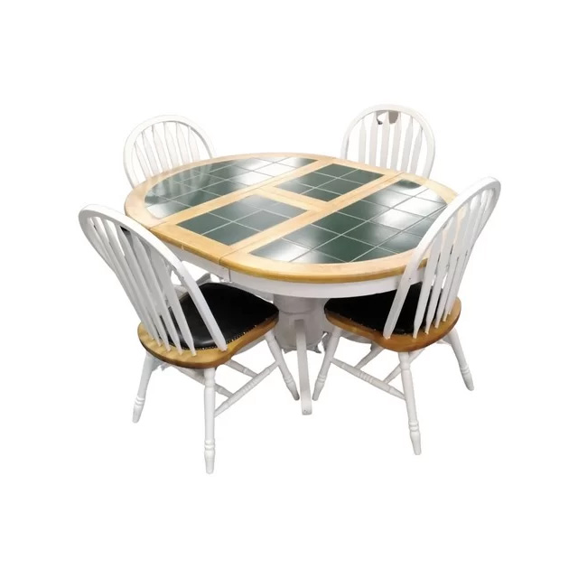 tiled top table with matching chairs, recycled paint used on items