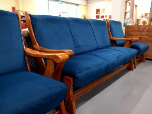 reupholstered sofa and armchairs